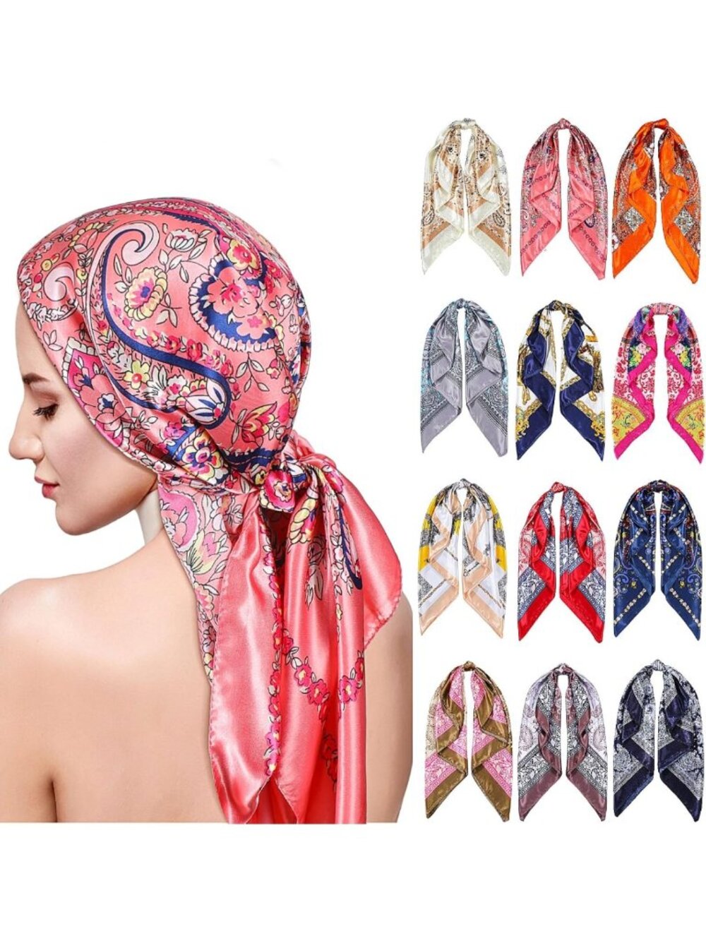 12 Pcs 35" Satin Silk-Like Head Scarves - Lightweight Hair Wraps for Women